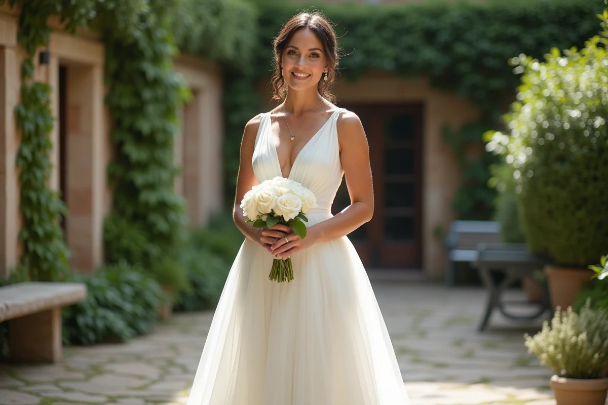 Mariée grande taille en robe de mariée blanche simple à taille empire dans un jardin fleuri