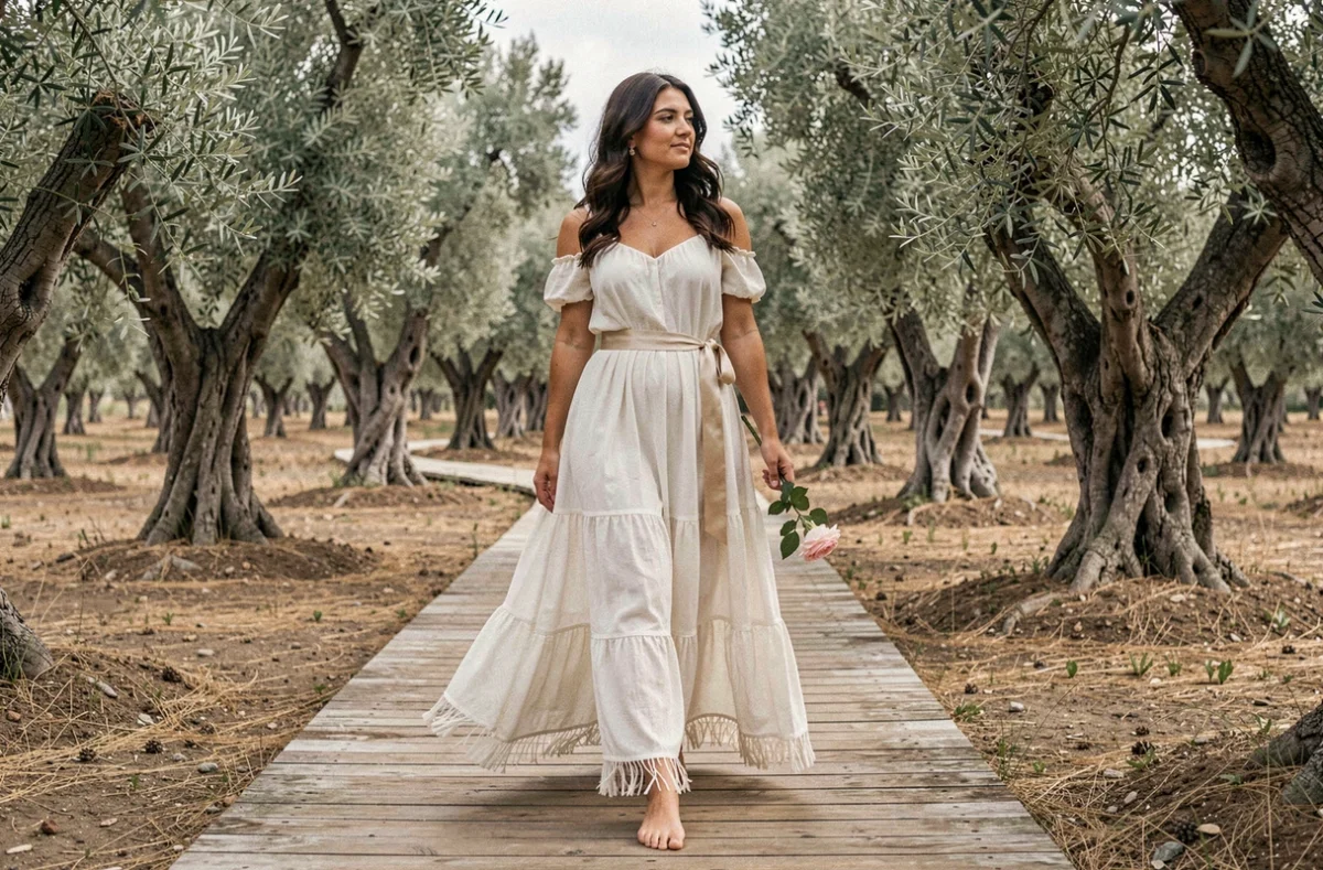 Mariée pieds nus en robe bohème voile à épaules dénudées marchant sur un chemin en bois dans une oliveraie méditerranéenne