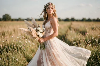 Mariée en robe bohème fluide avec dentelle et chiffon dans une prairie de fleurs sauvages dorées, bouquet naturel de pampa et renoncules blanches
