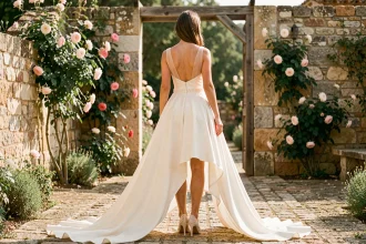 Mariée portant une robe de mariée courte devant et longue derrière dans un jardin provençal fleuri, vue de trois quarts dos