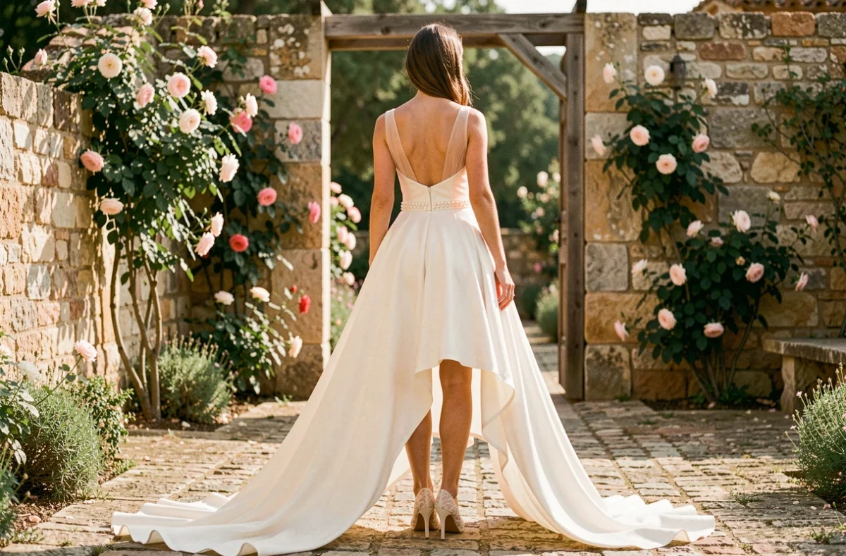 Mariée portant une robe de mariée courte devant et longue derrière dans un jardin provençal fleuri, vue de trois quarts dos