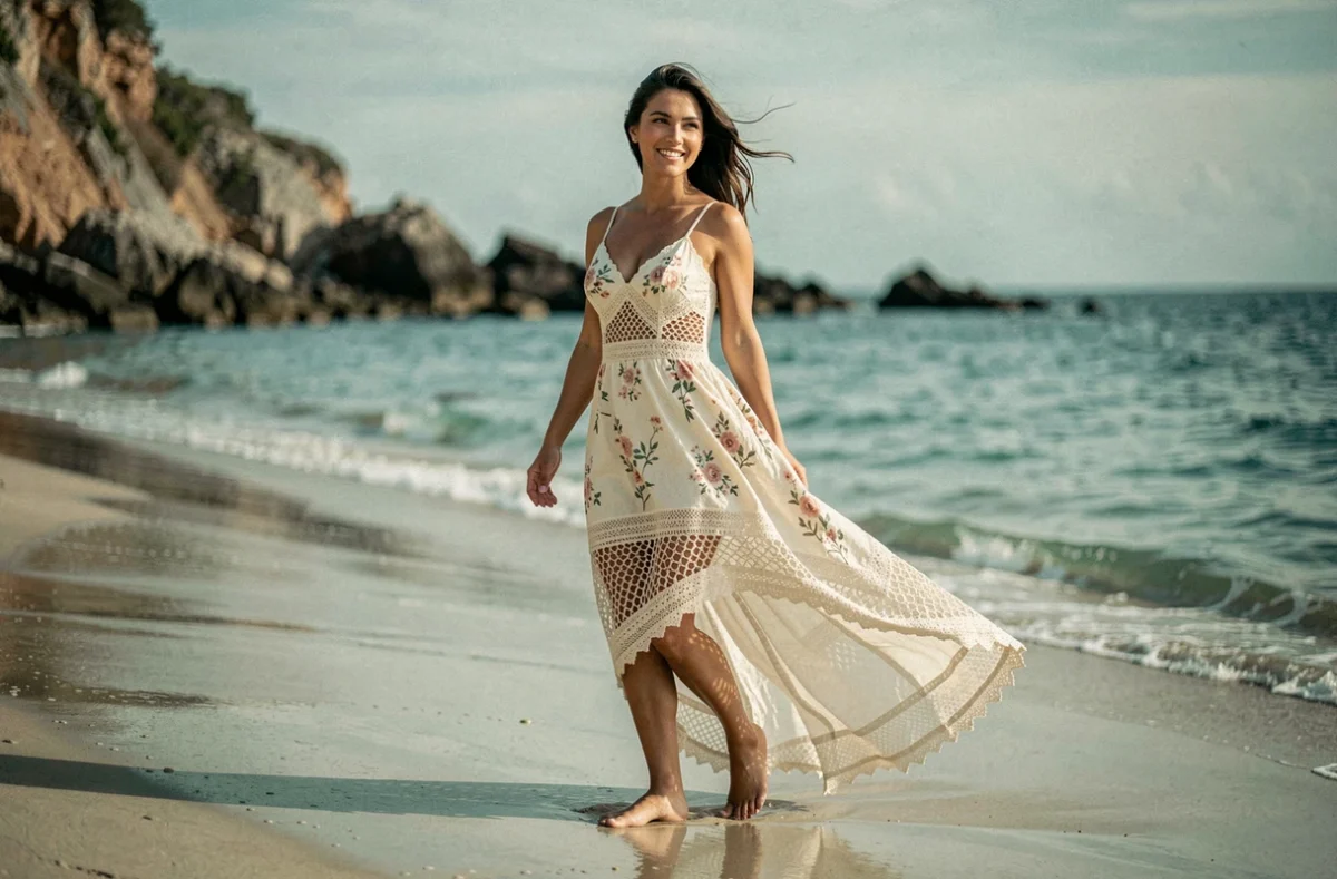Mariée en robe de mariée courte devant et longue derrière en dentelle bohème sur une plage de sable avec mer turquoise en arrière-plan