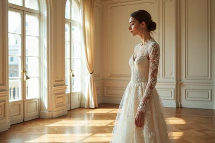 Mariée en robe de dentelle à manches longues devant une fenêtre de salon haussmannien, détail du tissu en dentelle florale ivoire
