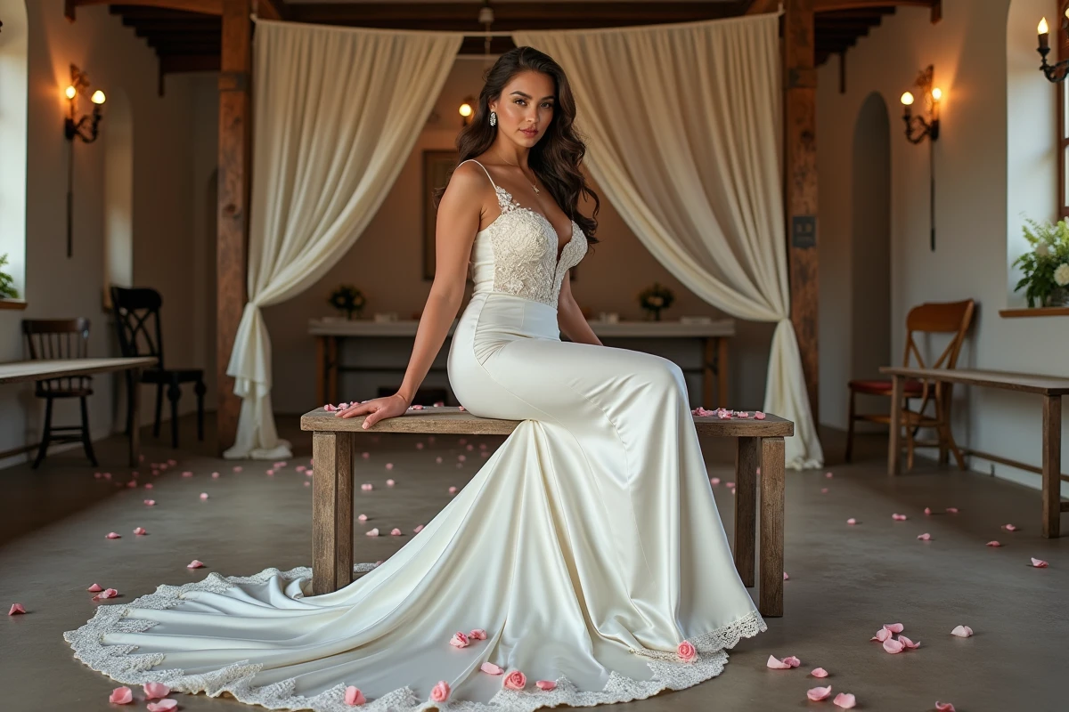 Femme en robe de mariée sirène avec dentelle florale assise dans une salle de réception gitane rustique, forme moulante mettant en valeur les courbes