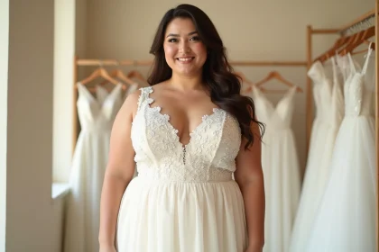 Femme grande taille en robe de mariée dentelle ivoire en boutique spécialisée, coupe flatteuse et élégante