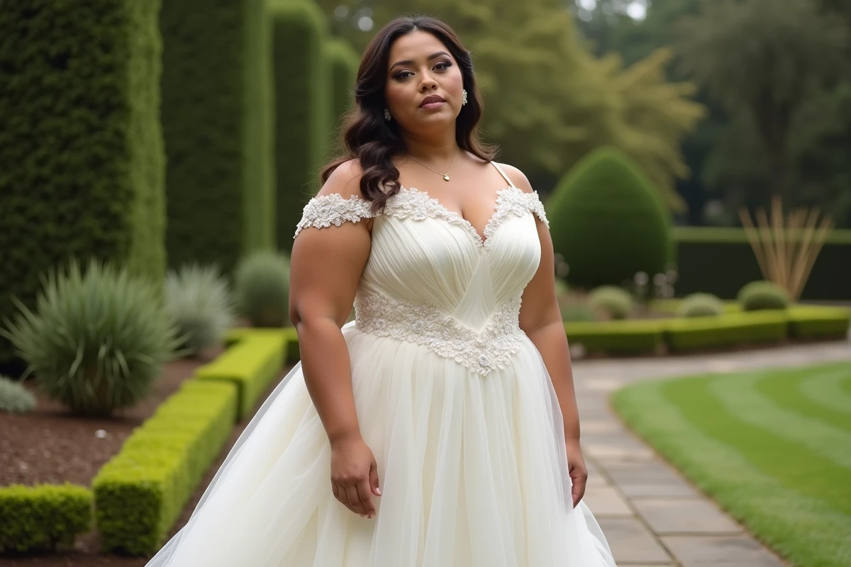 Mariée grande taille en robe ivoire empire avec tulle fleuri dans un jardin élégant en plein air