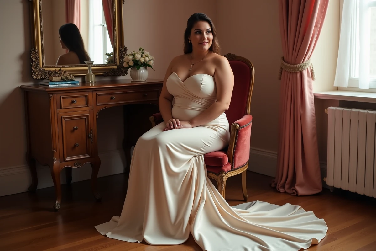 Mariée grande taille assise en robe sirène champagne dans un salon d'essayage vintage avec miroir doré