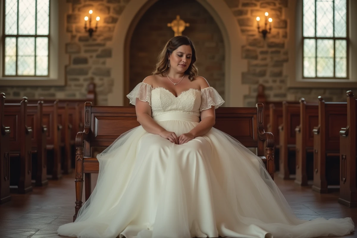 Mariée grande taille assise en robe de mariée simple pas chère dans une salle d'église élégante