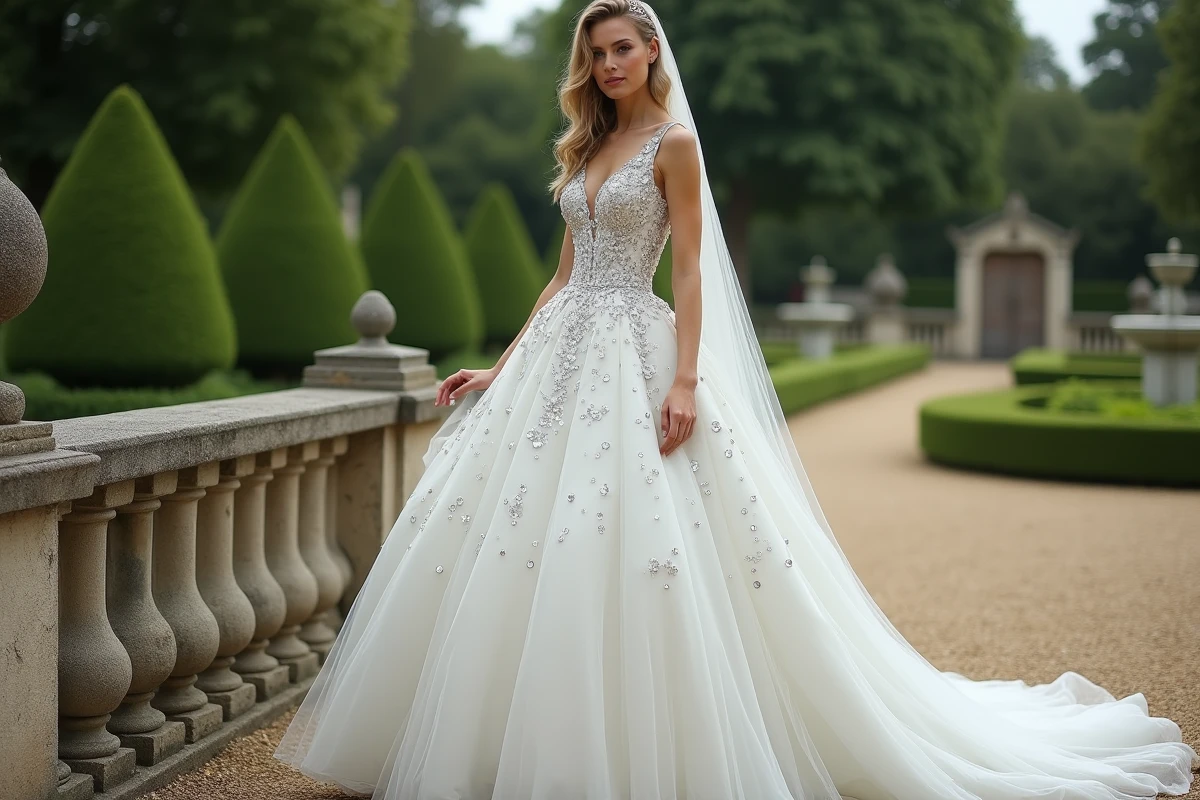 Mariée grande et élancée en robe princesse strass dans un jardin à la française, vue en pied en extérieur