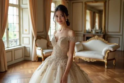 Robe de mariée princesse strass et paillettes portée dans un château, vue en pied, style romantique et élégant