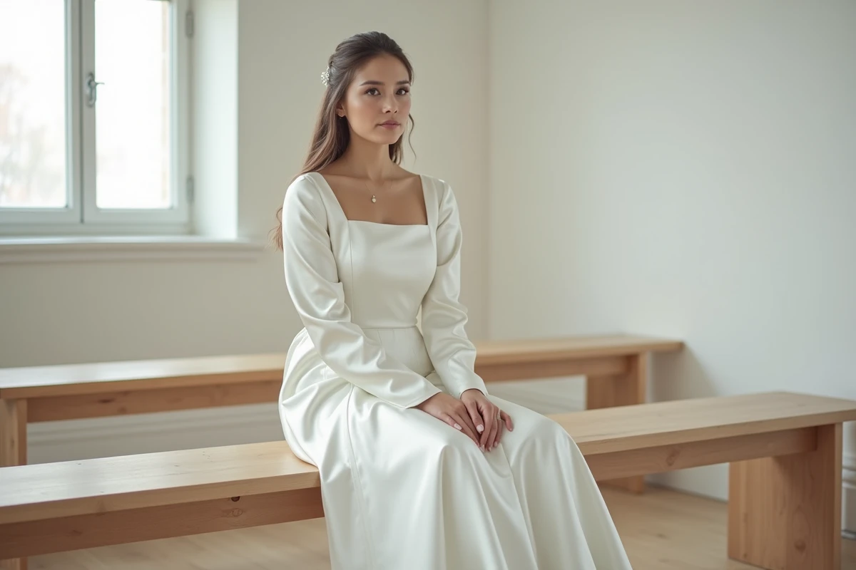 Femme en robe de mariée satinée blanche à manches longues et col carré, assise dans une chapelle minimaliste nordique