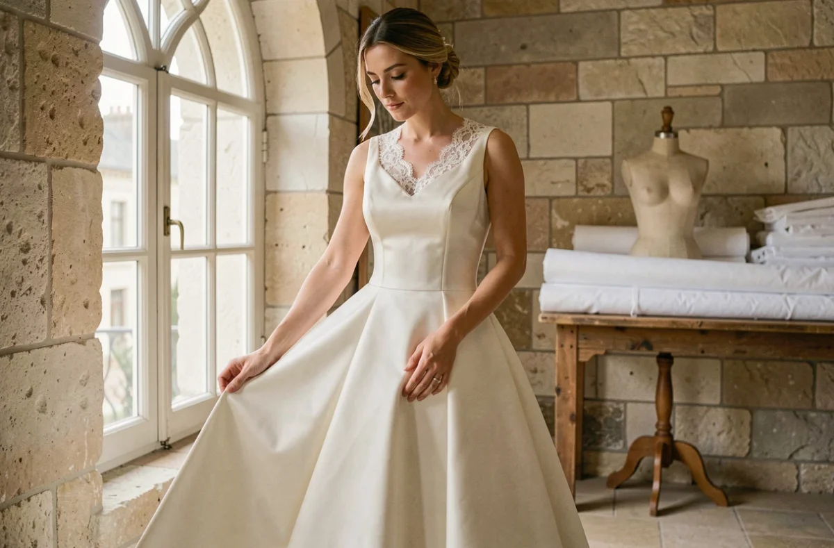 Femme en robe de mariée en satin duchesse ivoire examinant les finitions et coutures dans un atelier de couture en pierre