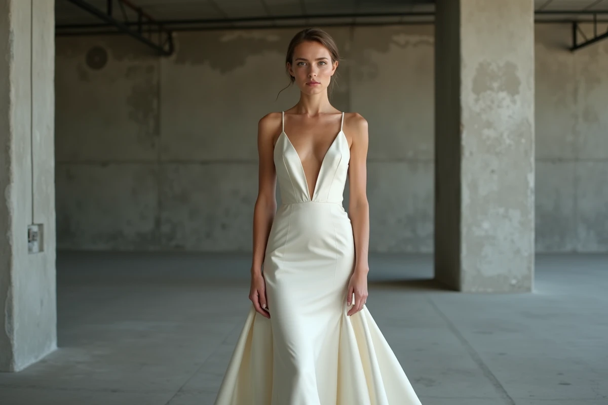 Mariée en robe de mariée satin épuré dans un loft industriel contemporain, silhouette minimaliste en biais avec reflets soyeux sur le tissu