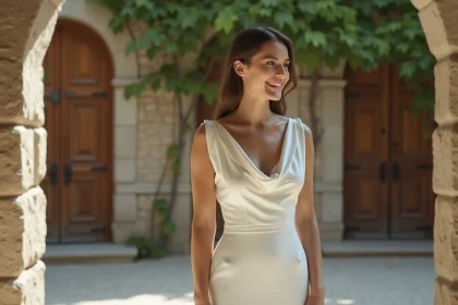 Mariée en robe de mariée simple et épurée en crêpe ivoire sans dentelle, dans une cour en pierre