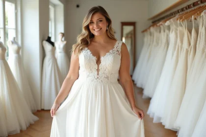 Femme grande taille essayant une robe de mariée simple et élégante en ivoire dans une boutique de mariage