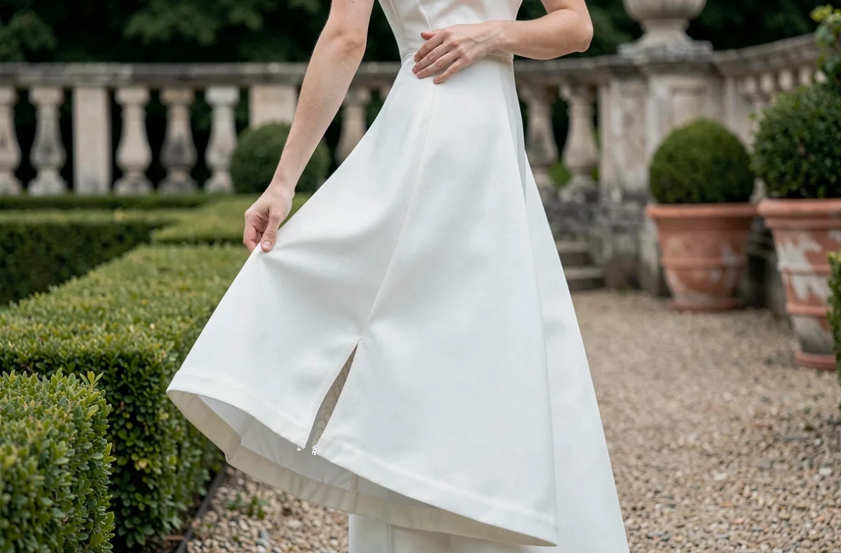 Jeune femme en robe de mariée en soie mikado dans un jardin à la française, révélant la finition en crin de cheval et la doublure de l'ourlet