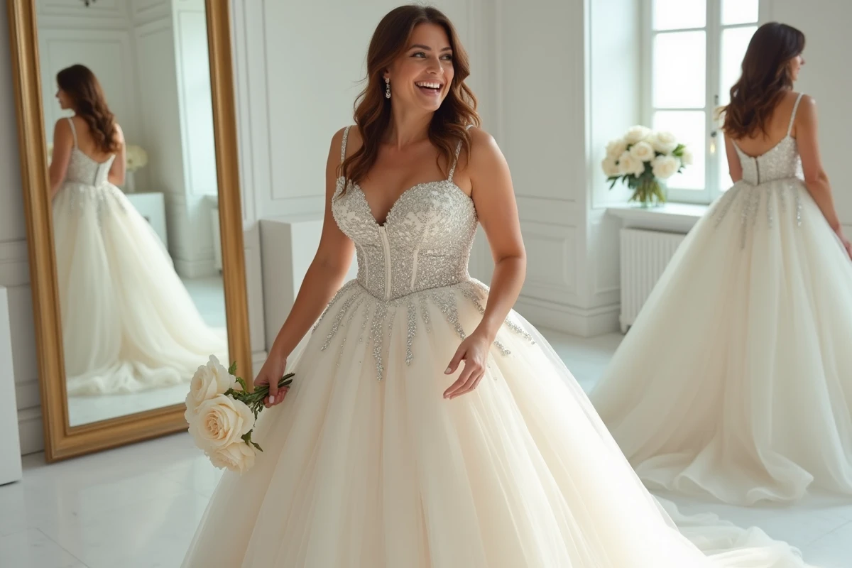 Femme ronde en robe de mariée princesse à paillettes dans une boutique parisienne, mise en valeur de la morphologie