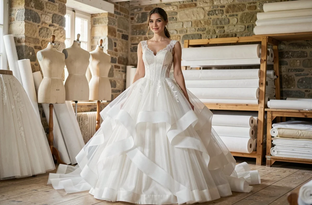 Mariée en robe meringue blanche à jupes en tulle volumineuses dans un atelier de couture rustique en pierre