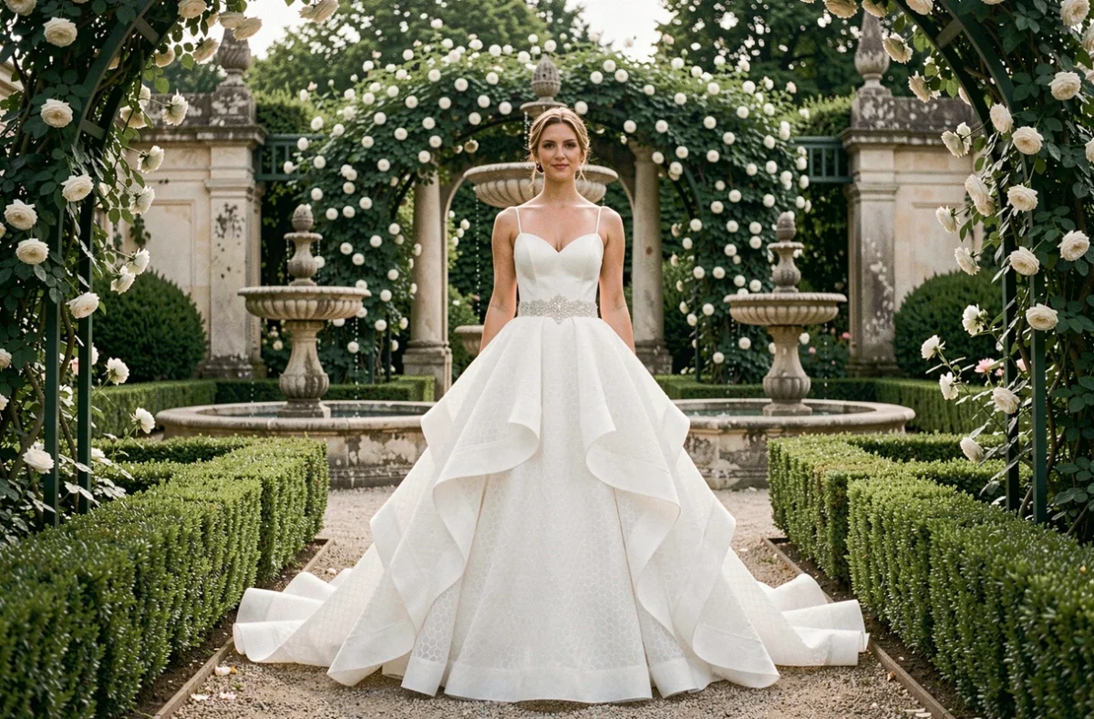 Mariée en robe meringue volumineuse à jupe cathédrale dans un jardin à la française avec fontaine en pierre et roses blanches