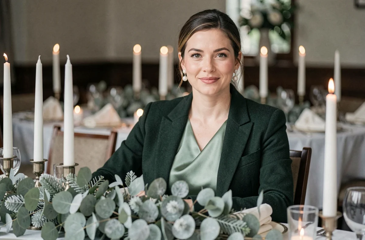 Invitée de mariage en robe verte sauge et blazer vert forêt assise à une table de réception hivernale décorée d'eucalyptus givrés