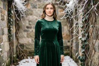 Femme portant une robe verte en velours émeraude superposée sur un col roulé ivoire dans une cour hivernale en pierre