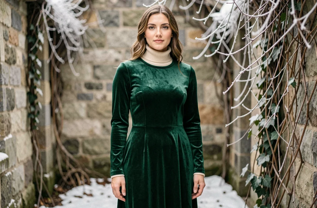 Femme portant une robe verte en velours émeraude superposée sur un col roulé ivoire dans une cour hivernale en pierre