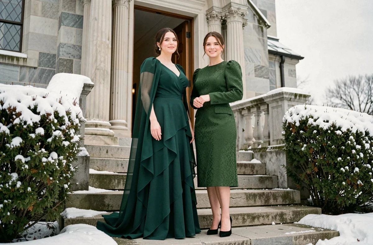 Deux invitées de mariage en robes vertes bouteille et vert chasseur devant une église en pierre en hiver avec superpositions de cape et de manches bouffantes