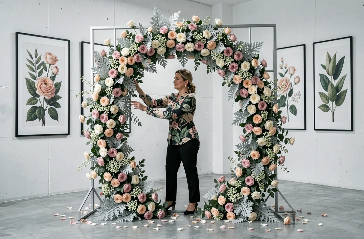 Fleuriste de Rosa Botanica arrangeant un arc de mariage luxueux en roses, jasmin et cinéraire argentée dans un studio contemporain
