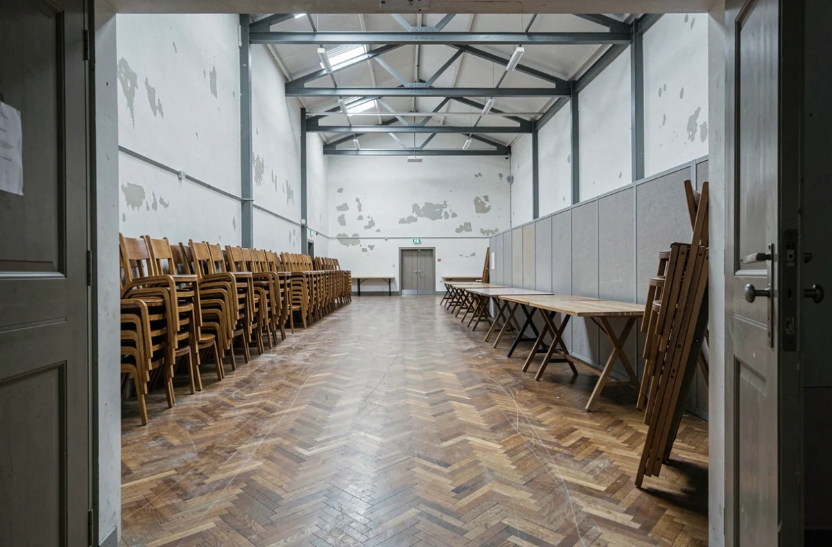 Salle des fêtes vide avec chaises empilées et tables pliantes avant une location événementielle