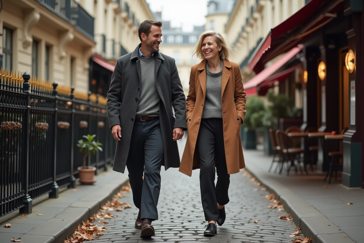 Couple élégant se promenant dans les rues parisiennes, gérant leur notoriété avec discrétion au quotidien