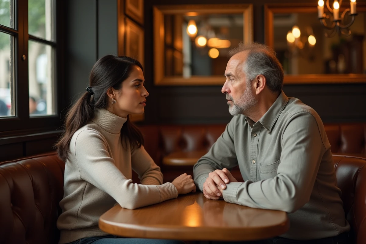 Couple connu échangeant en toute intimité dans un restaurant parisien, équilibrant vie publique et vie privée