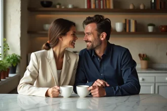 Couple célèbre partageant un moment intime dans leur appartement parisien, illustrant la vie quotidienne loin des projecteurs