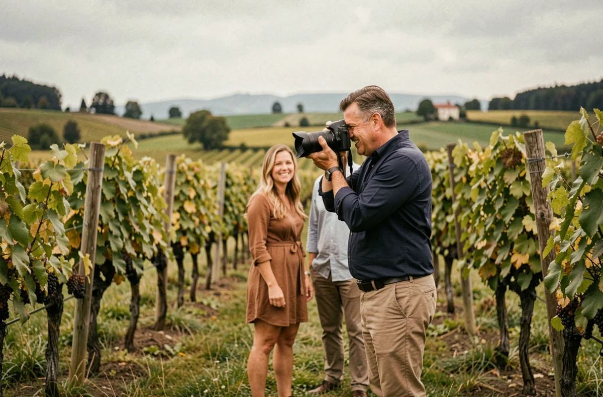 Photographe de couple en séance photo dans les vignes du Jura près de Lons-le-Saunier