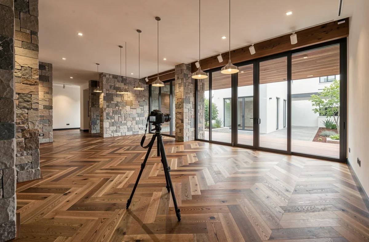 Showroom immobilier haut de gamme avec parquet en chêne, mur en pierre et portes vitrées ouvrant sur une terrasse en bois
