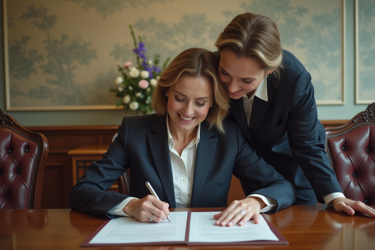 Femme signant des documents de mariage dans un bureau municipal