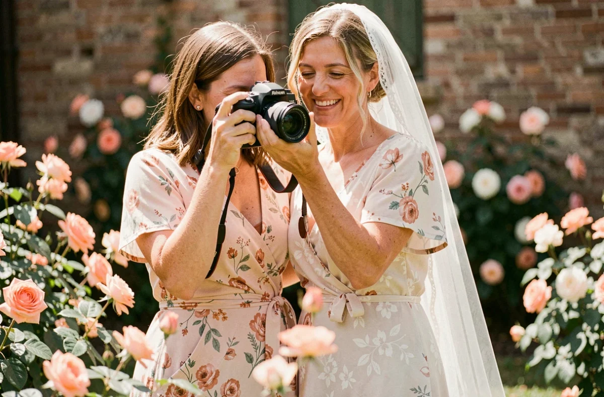 Sophie Stacino photographiant une mariée dans un jardin ensoleillé de Toulouse avec des rosiers en arrière-plan flou