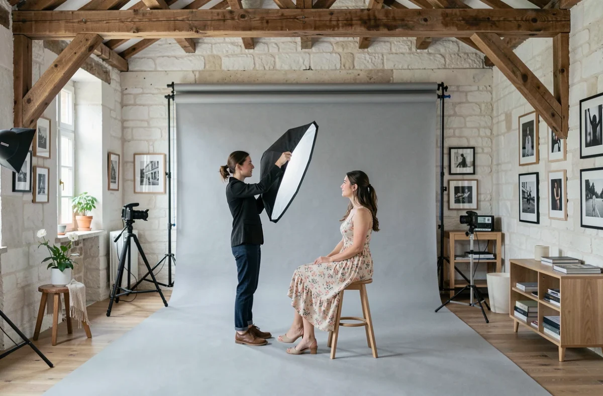 Studio photo intérieur aménagé pour une séance portrait à Lons-le-Saunier