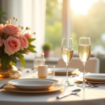 Table élégante pour deux avec champagne et fleurs