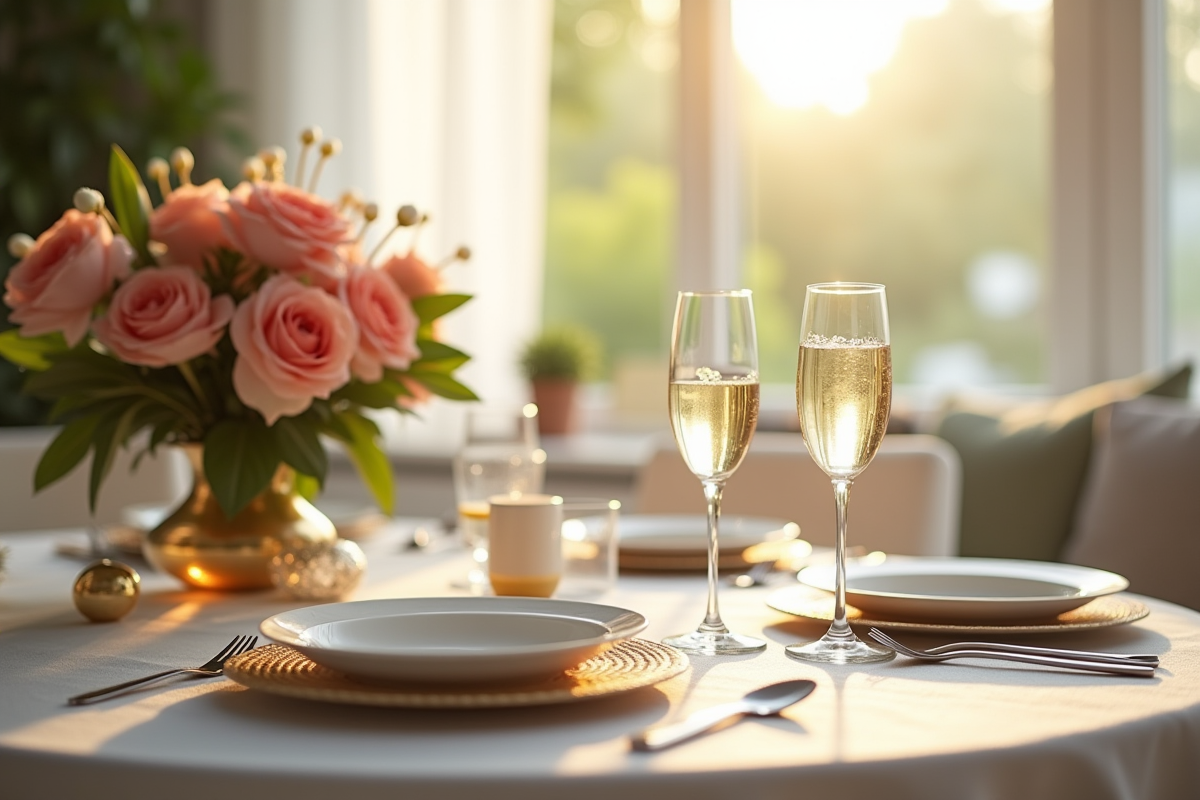 Table élégante pour deux avec champagne et fleurs
