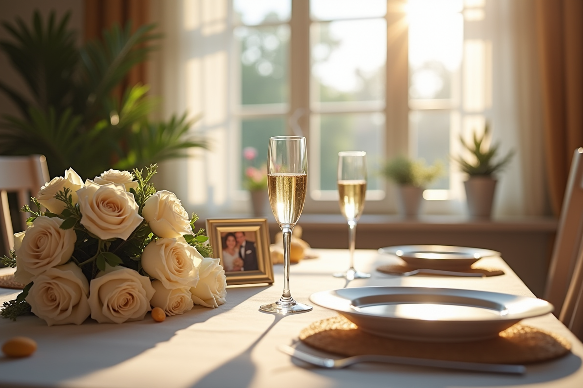 Table de fête décorée pour anniversaire avec roses et champagne
