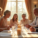 Table de mariage joyeuse avec famille élégante et cadeaux