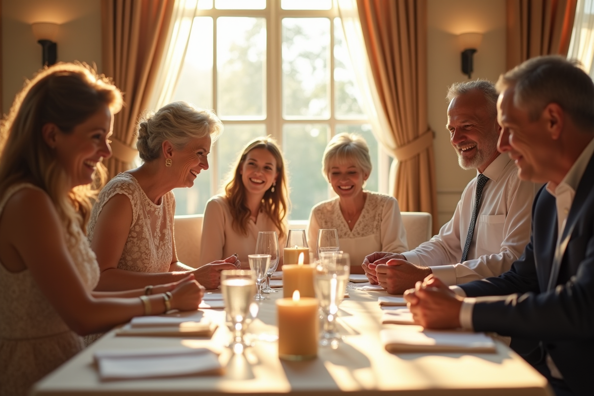 Table de mariage joyeuse avec famille élégante et cadeaux
