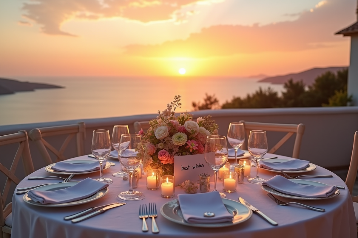 Table de mariage élégante au coucher de soleil avec vue sur la mer