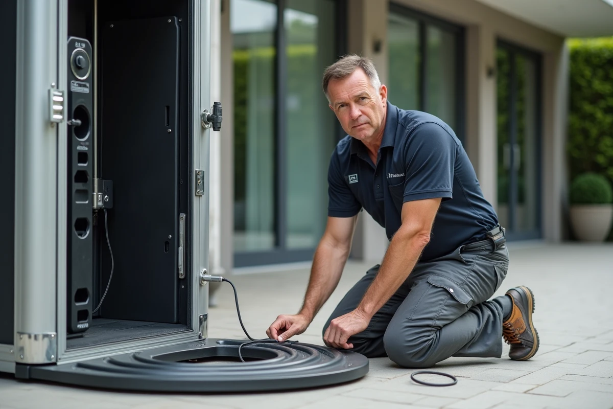 Technicien assemblant un photobooth 360° en extérieur
