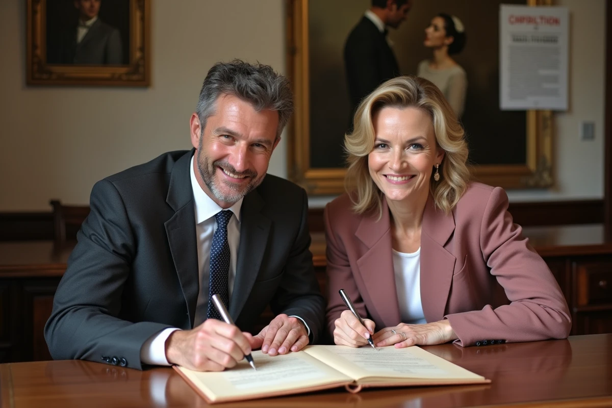 Deux témoins de mariage civil signant le registre officiel en mairie, homme en costume et femme en blazer, document administratif en gros plan
