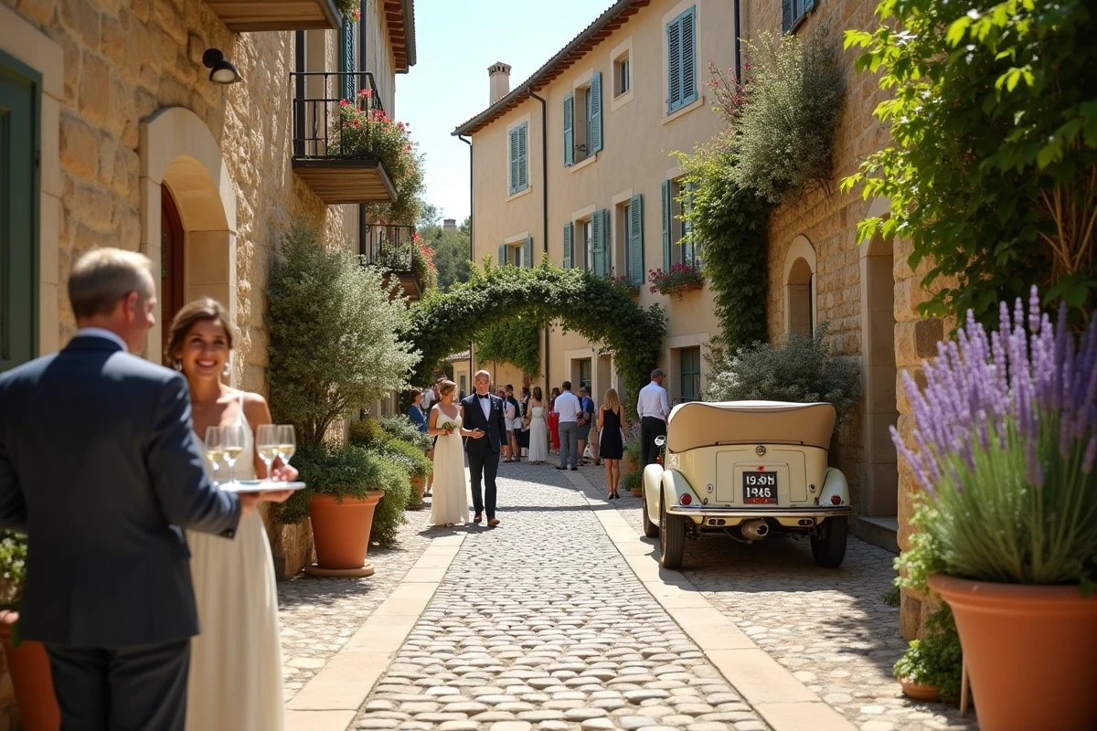 Ruelle pittoresque d'un village perché du Luberon lors d'un mariage, avec invités élégants, personnel en uniforme et voiture ancienne décorée