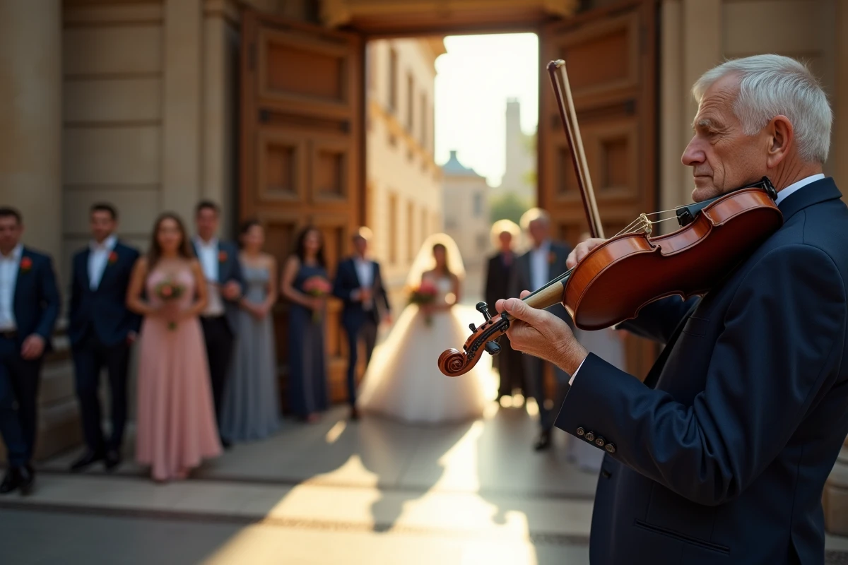 Musicien âgé jouant du violon devant la mairie