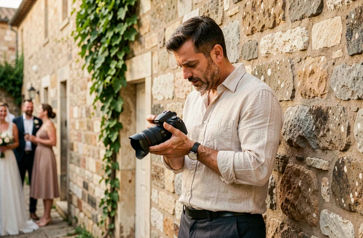 William Lambelet, photographe de mariage, consultant ses images au bord d'un mur en pierre dans un village du Languedoc