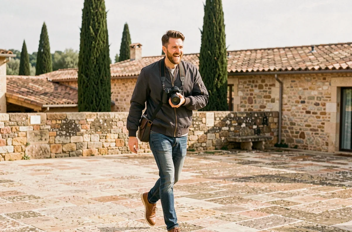 Yohan Bettencourt traversant la cour d'un mas provençal dans le Gard lors d'une journée de mariage